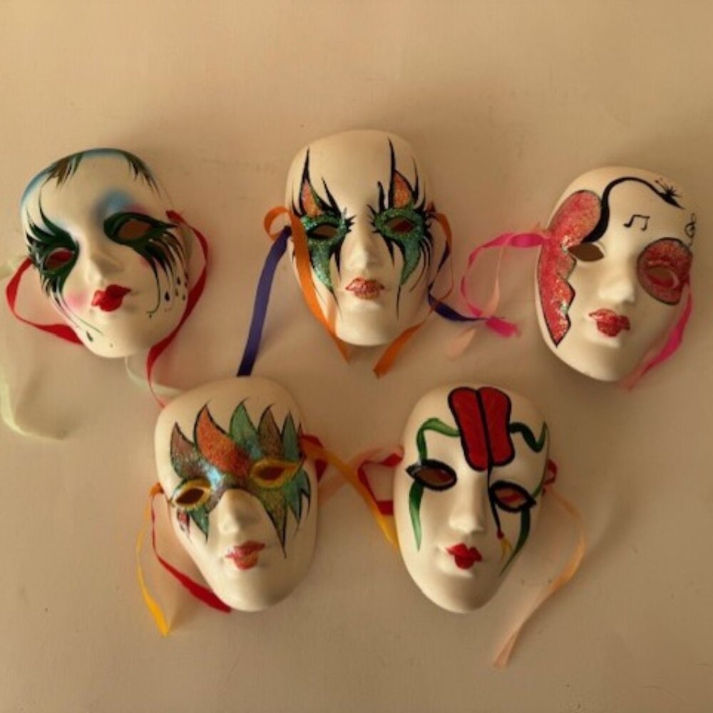 Set of 5 ceramic Mardi gras masquerade style masks. Wall hanging art. Music